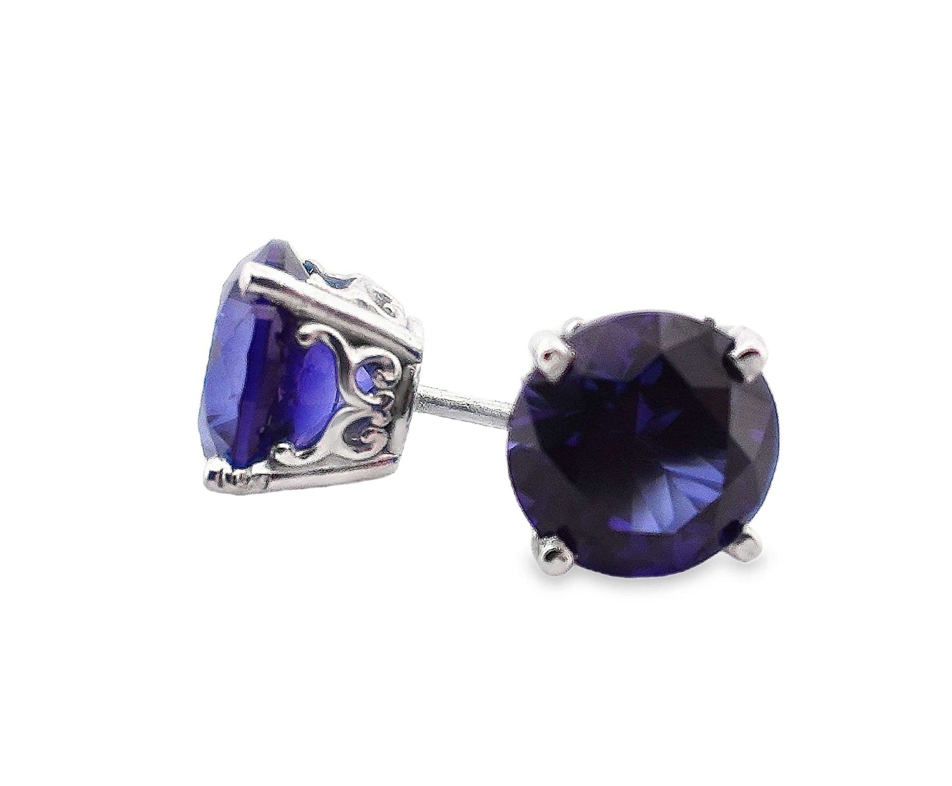 14KW 7MM ROUND LG SAPPHIRE SCROLL STYLE STUD EARRINGS