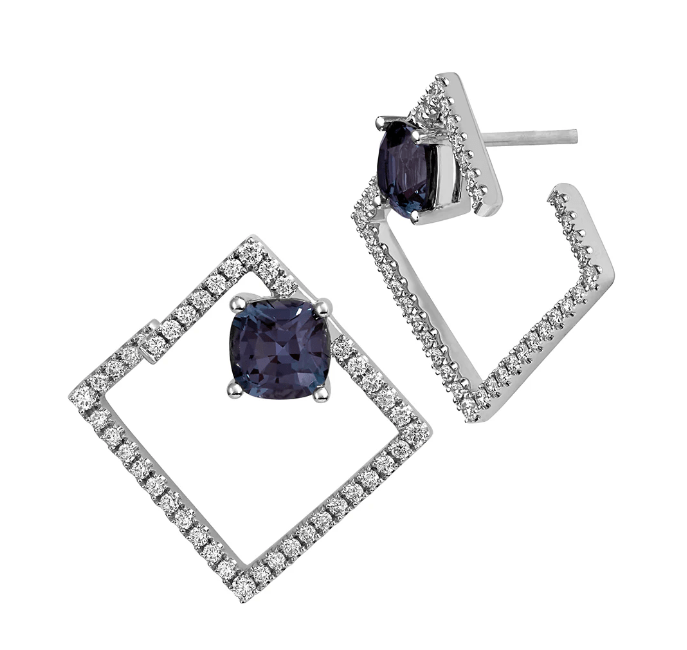 14K white gold square earrings with cushion-cut alexandrite center and diamond accents.