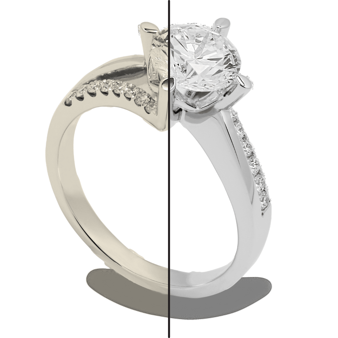 Close-up of a diamond engagement ring showing a before-and-after comparison of rhodium plating, highlighting enhanced shine and finish.