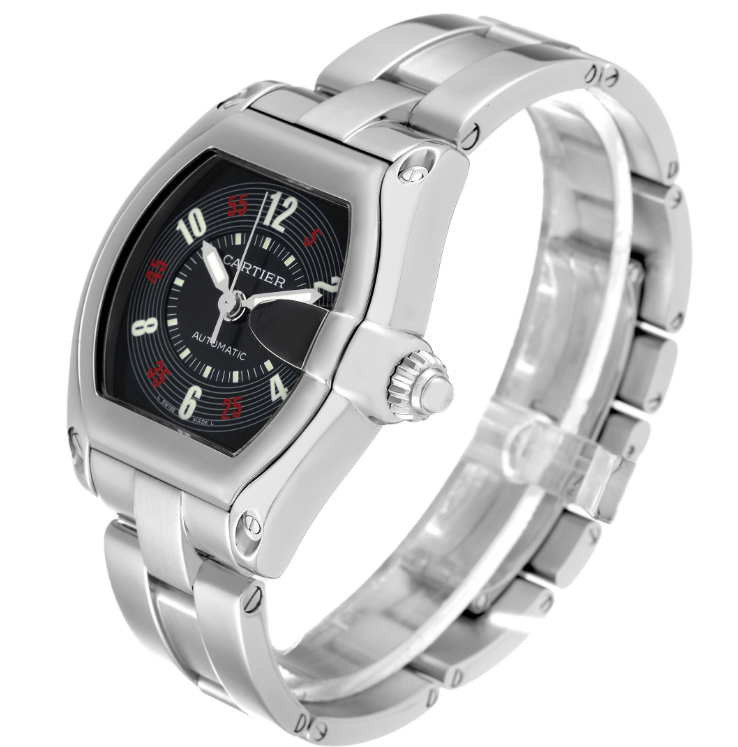 Cartier Roadster Las Vegas Roulette watch with black dial, silver hour markers, and stainless steel bracelet.