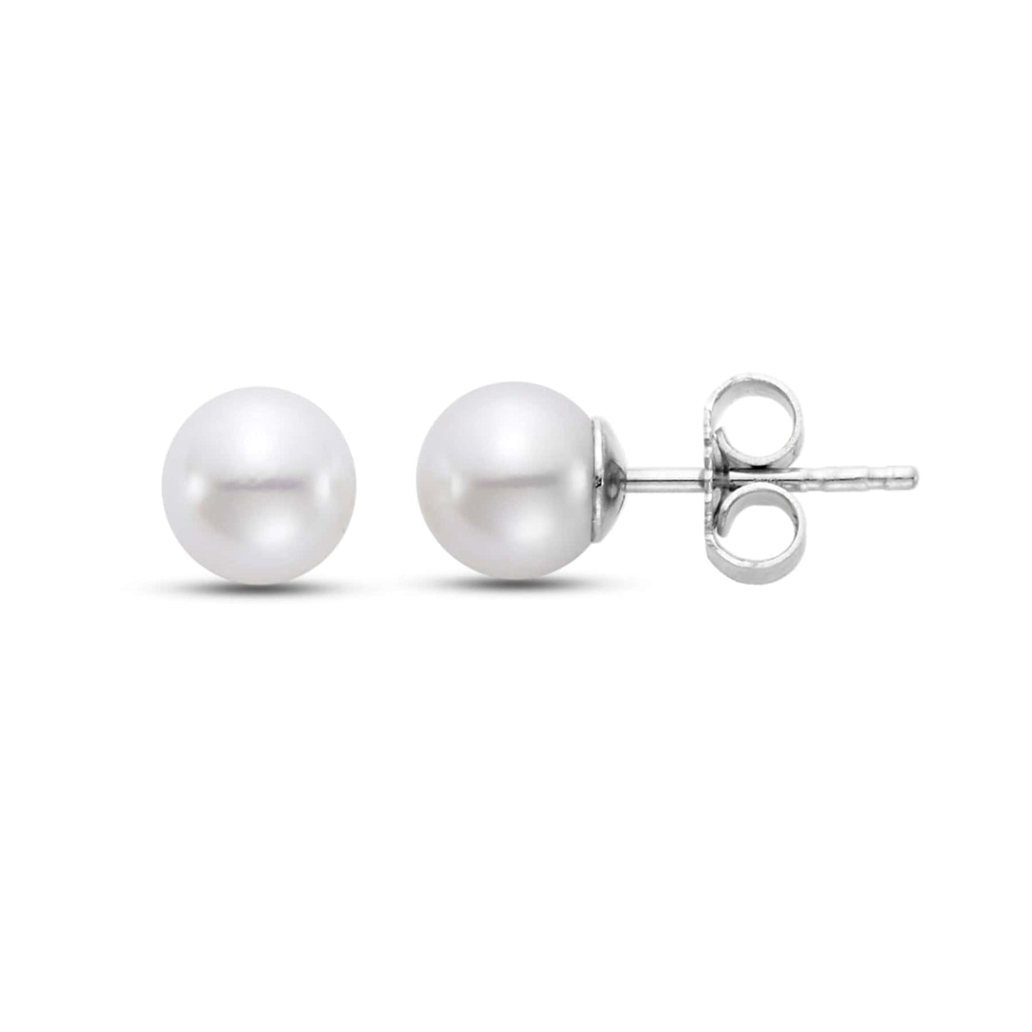 5-5.5mm round white pearl stud earrings with 14K white gold posts and butterfly backs.