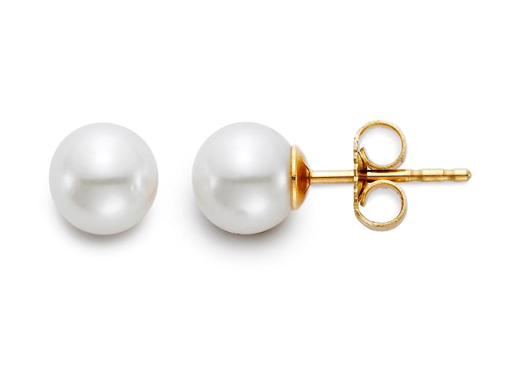 6-6.5mm round white pearl stud earrings with 14K yellow gold posts and butterfly backs.