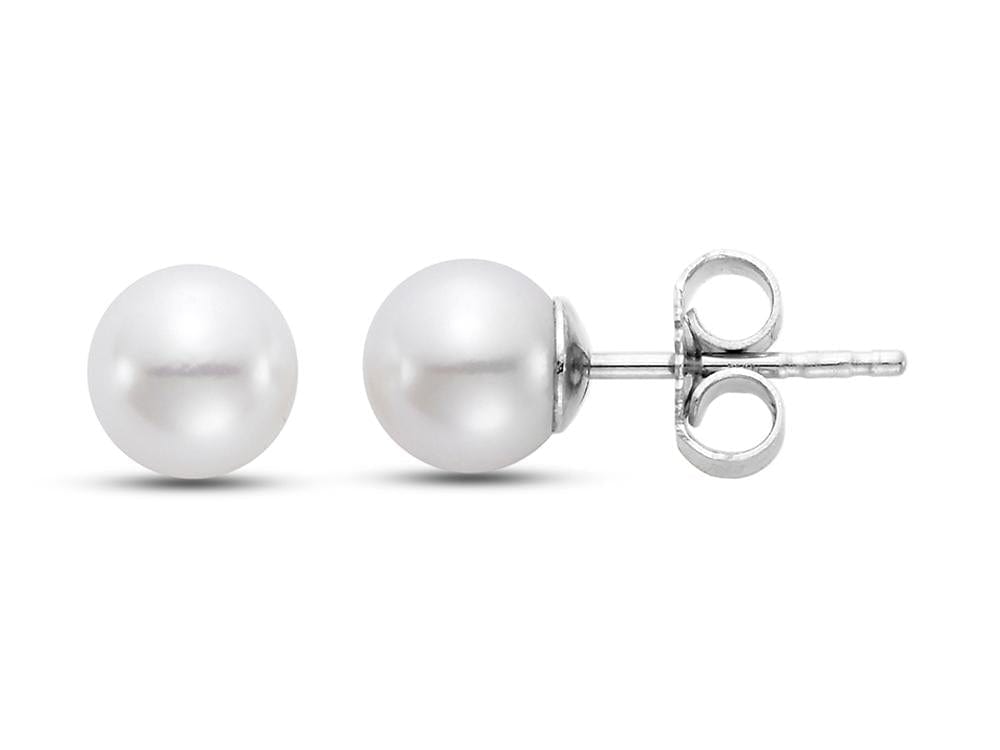 6-6.5mm round white pearl stud earrings set in 14K white gold posts.