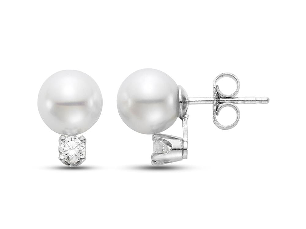 6.5-7mm round white freshwater pearl stud earrings with 0.10ct white gold posts and butterfly backs.