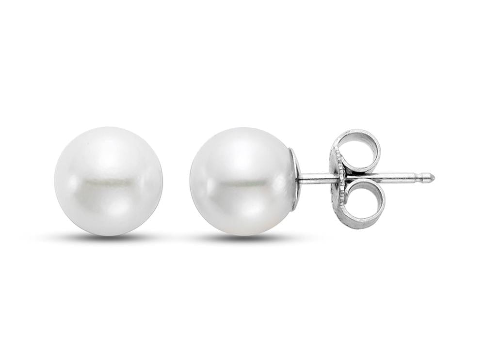 6.5-7mm round white pearl stud earrings set in 14K white gold posts with butterfly backs.