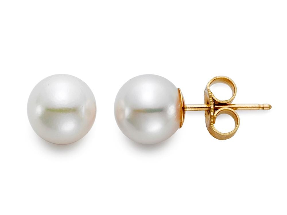 7-7.5mm round white pearl stud earrings with 18k yellow gold posts and butterfly backs.