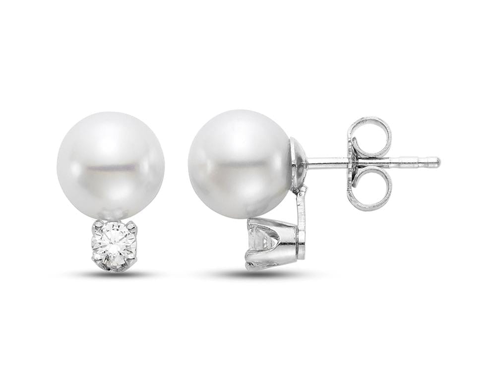 7-7.5mm round white freshwater pearl stud earrings with 0.14ct diamond accents in 14k white gold settings.