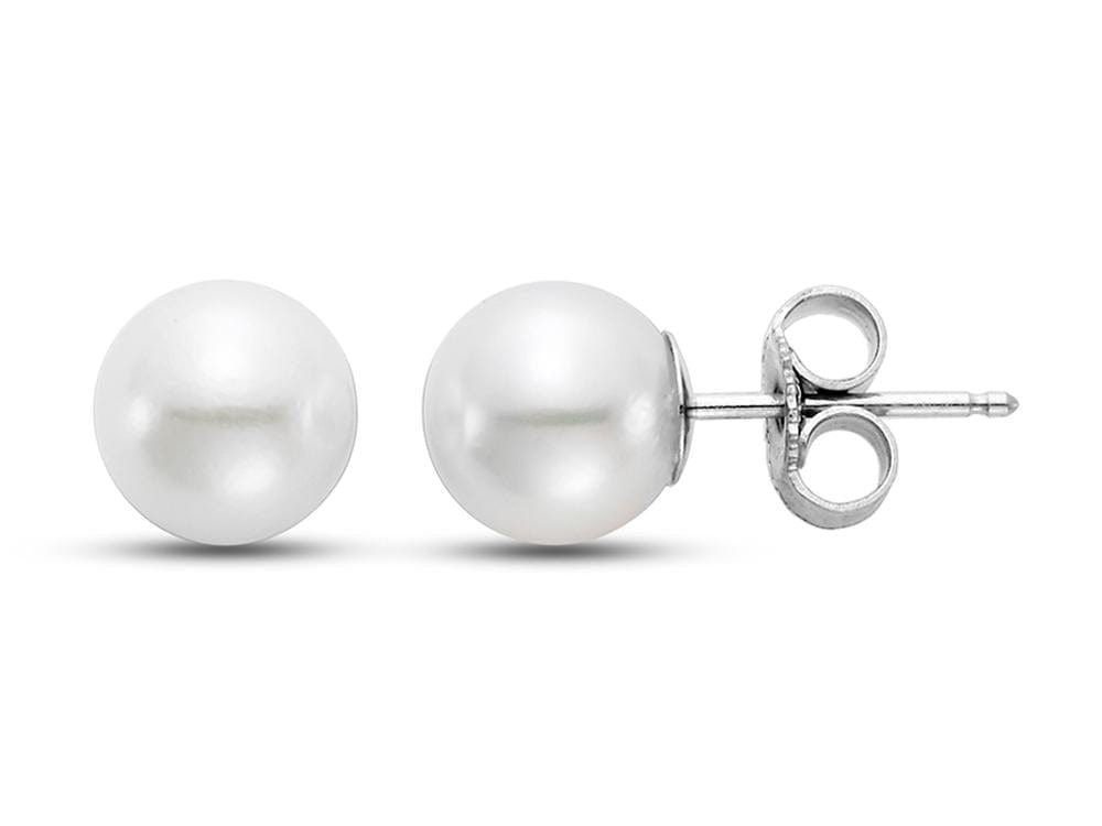 7-7.5mm round white pearl stud earrings with 14k white gold posts and butterfly backs.