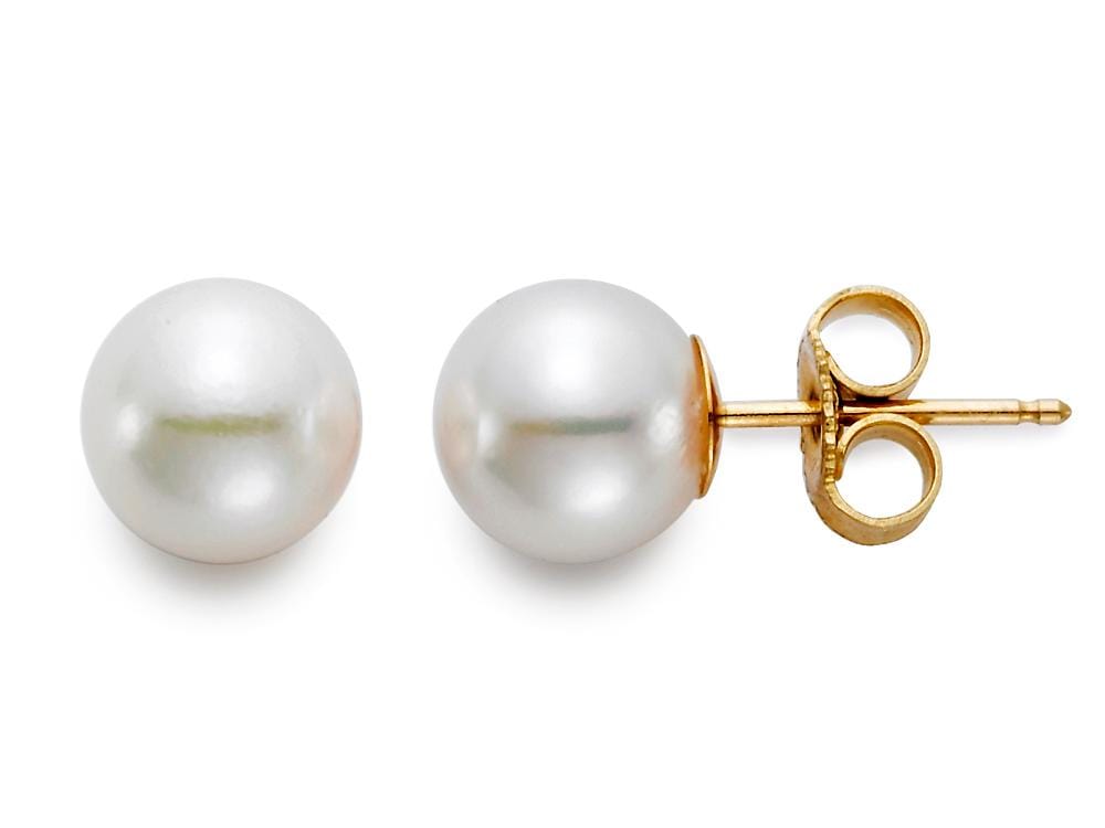 7.5-8mm round white pearl stud earrings with 18K yellow gold posts and butterfly backs.