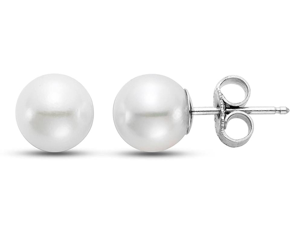7.5-8mm round white freshwater pearl stud earrings with 14k white gold posts and butterfly backs.