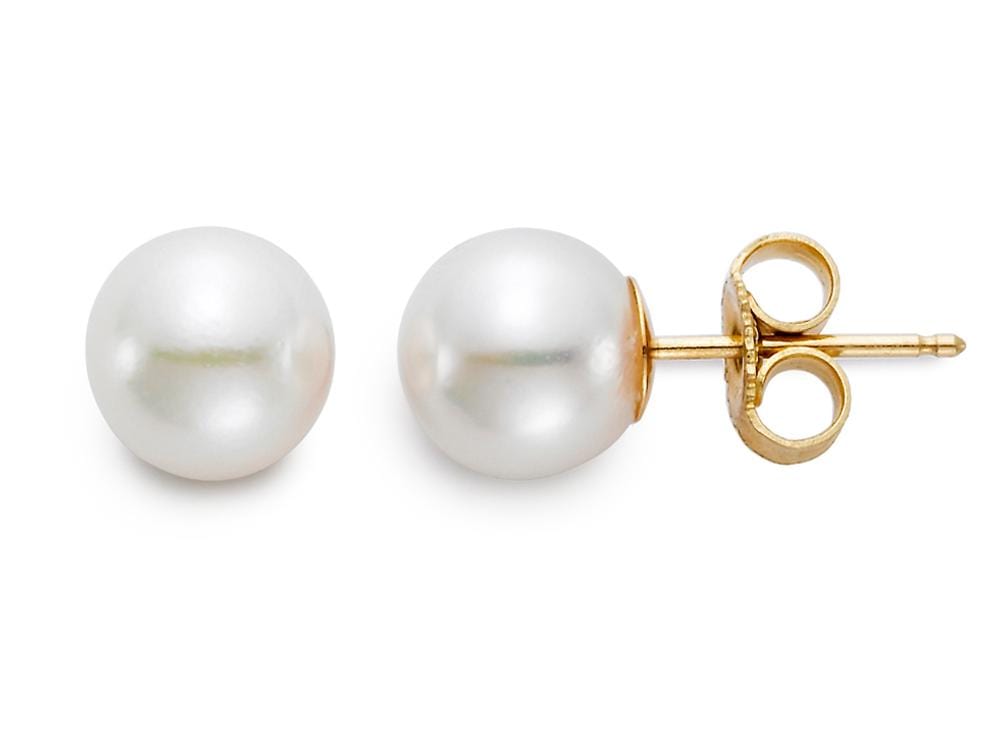 8-8.5mm round white pearls stud earrings with 14K yellow gold posts and butterfly backs.