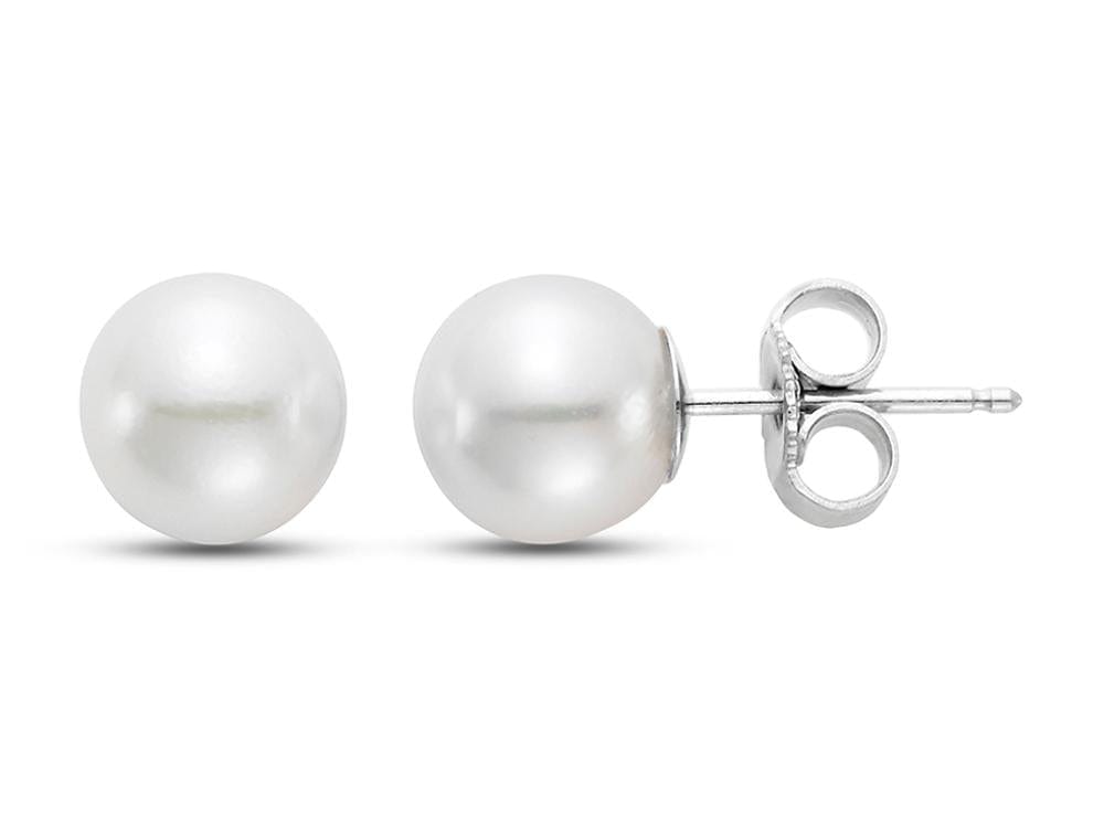 Pair of 8-8.5mm round white pearl stud earrings set in 18K white gold posts.
