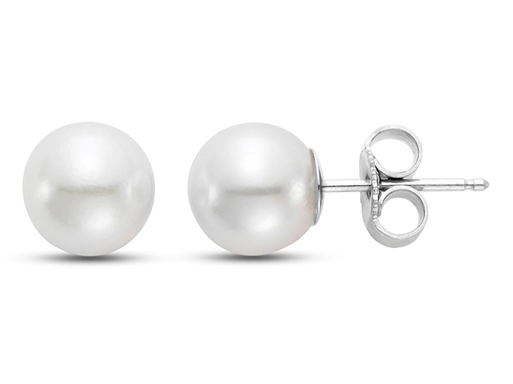 8.5-9mm round white freshwater pearl stud earrings with 14k white gold posts and butterfly backs.
