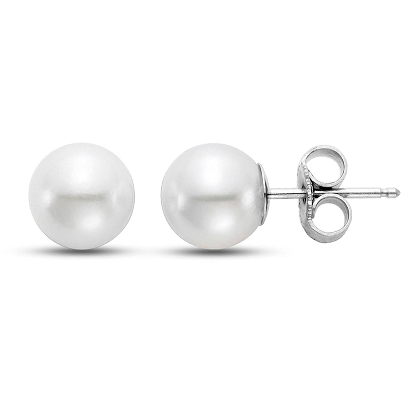 9.5-10mm round white freshwater pearl stud earrings with 14k white gold posts and butterfly backs.