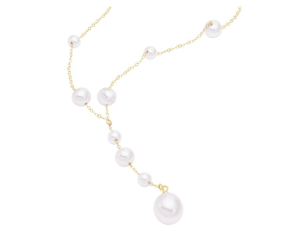 18-inch 14K yellow gold necklace with 4.5-10mm white freshwater pearls spaced along delicate chain.