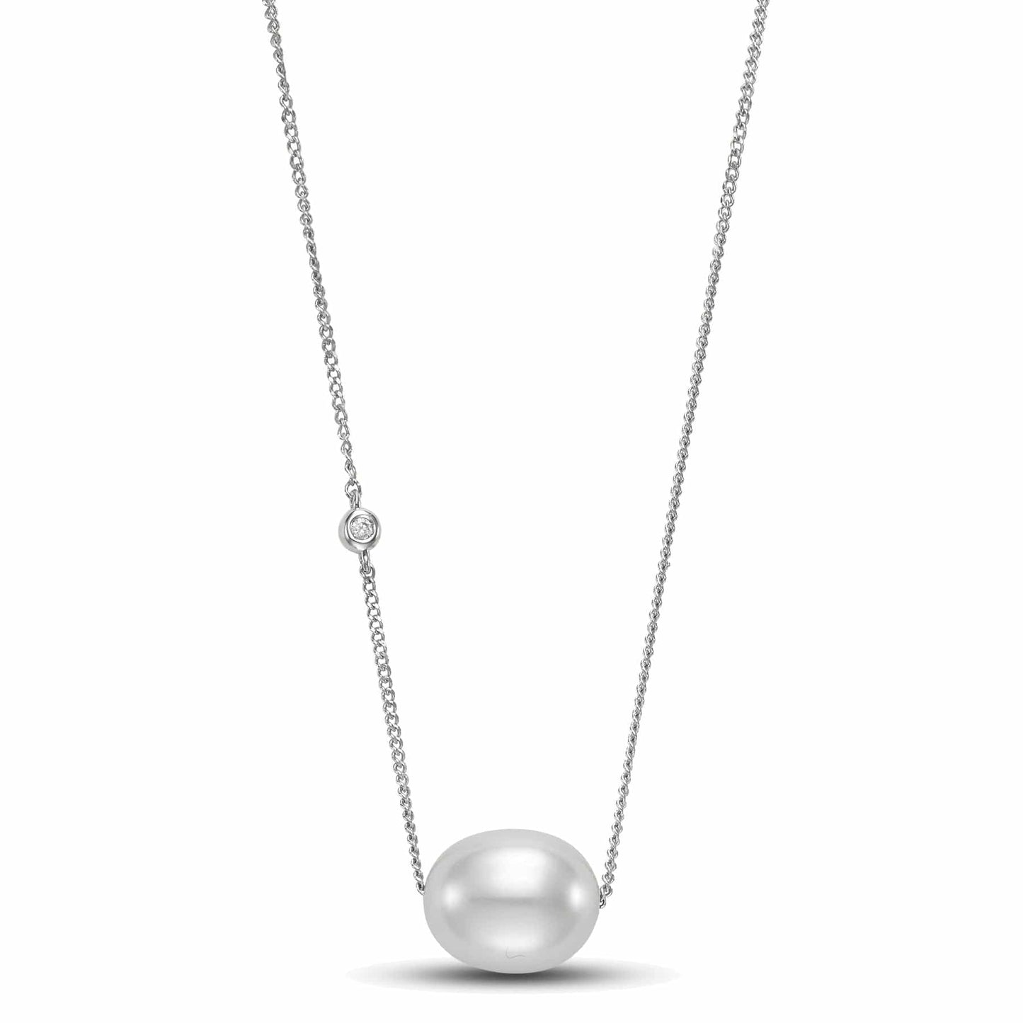 14K white gold necklace with a 9-10mm white pearl and small floating diamond on delicate chain.