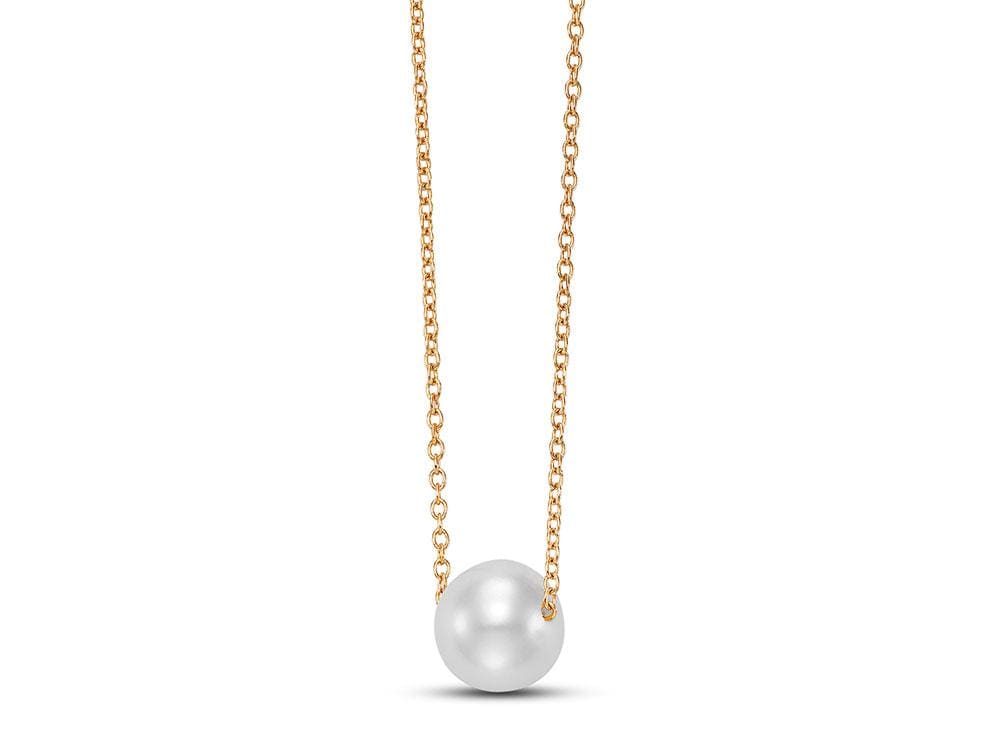 7.5-8mm white freshwater pearl on a delicate 14K yellow gold chain floating necklace.