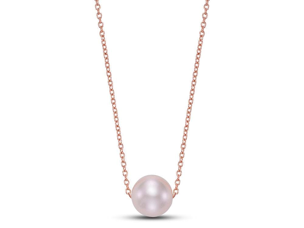 7.5-8mm pink freshwater pearl floating on delicate 14k rose gold chain necklace, 18 inches long.
