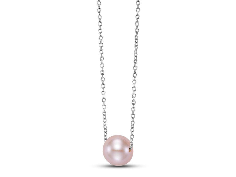 Delicate 7.5-8mm pink freshwater pearl floating on an 18" 14k white gold chain.