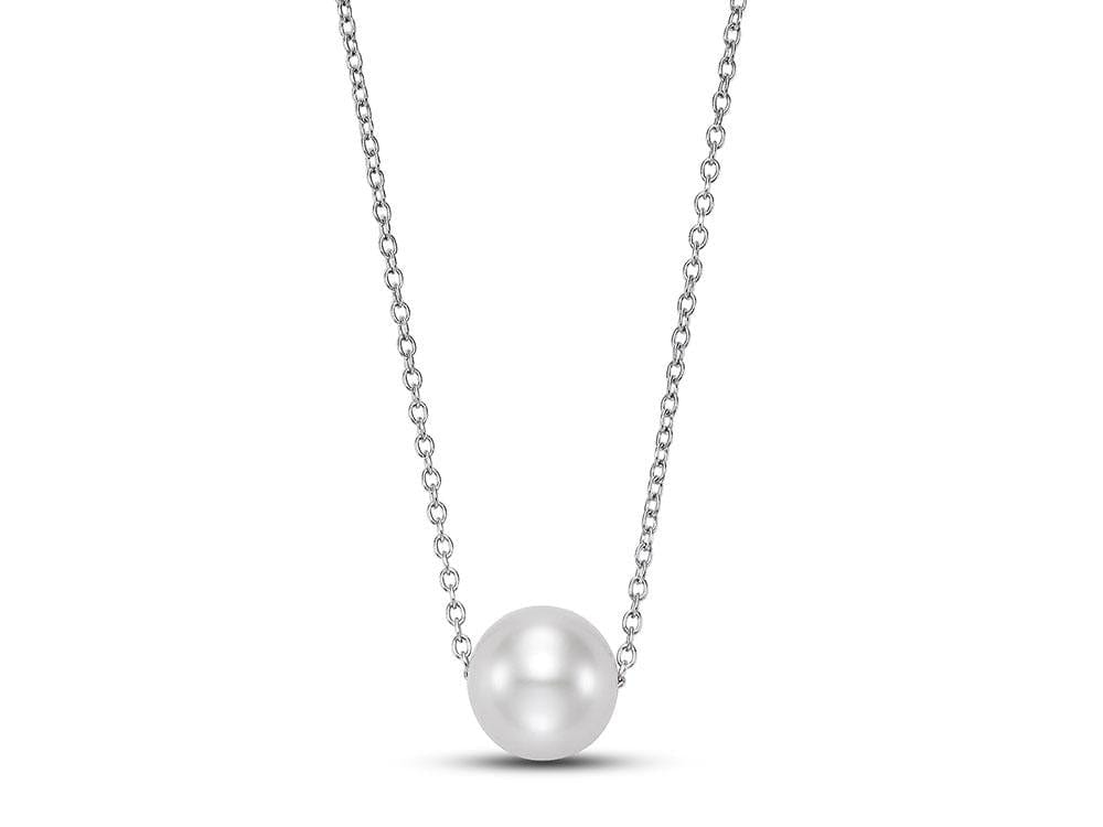 7.5-8mm white freshwater pearl pendant on delicate 14k white gold chain, 18 inches long.