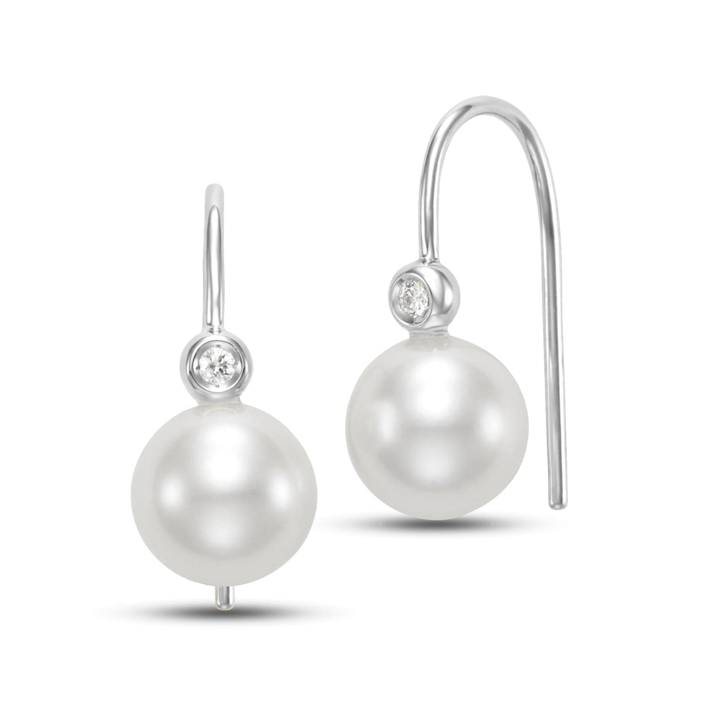 7-7.5mm white pearl drop earrings with small round diamond and 14K white gold hooks.