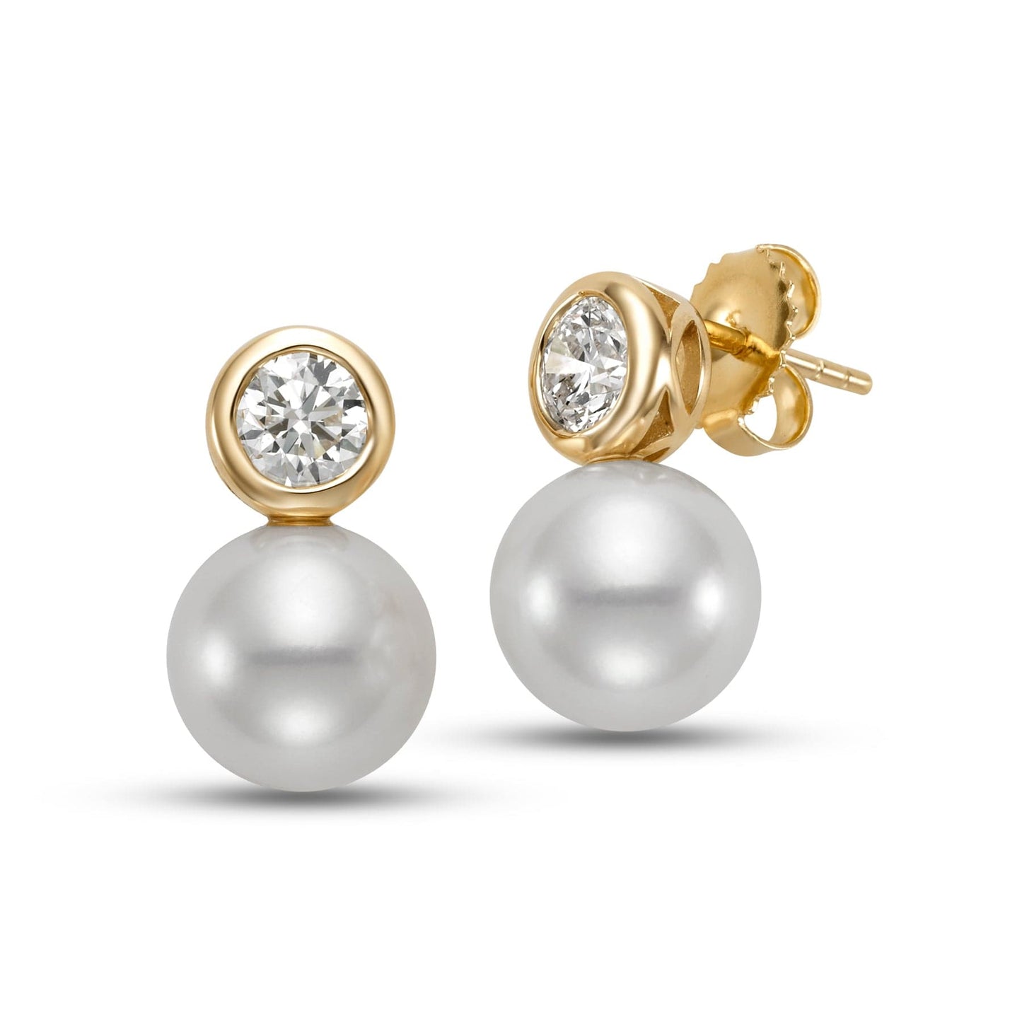 14k gold stud earrings with round lab-grown diamond and dangling white freshwater pearl.