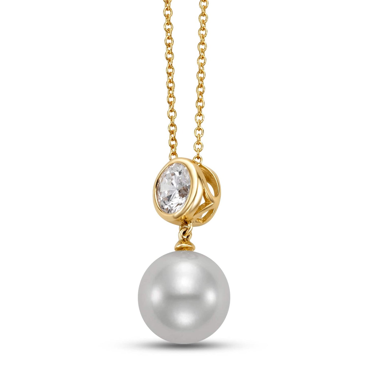 14k gold necklace with round lab-grown diamond bezel and single round white freshwater pearl pendant.