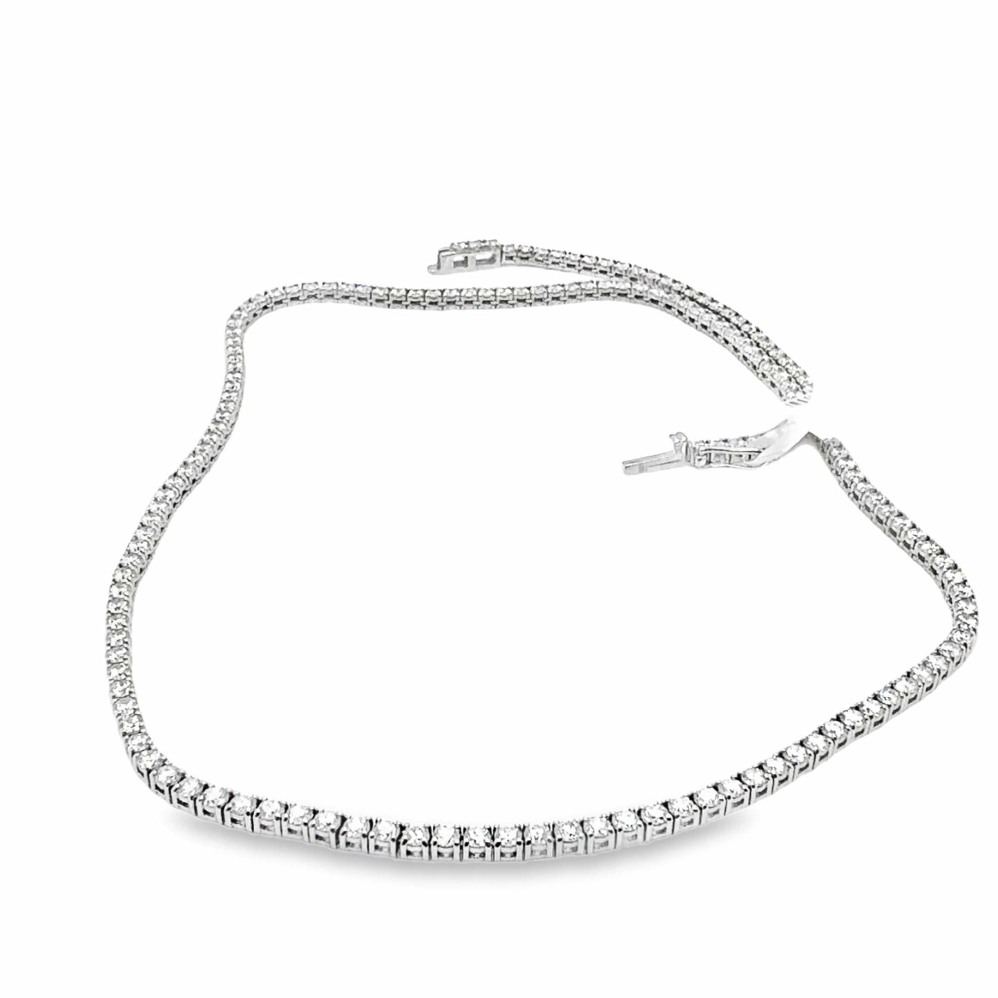 14K white gold 16-inch lab-grown diamond tennis necklace with secure clasp.