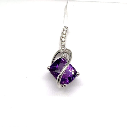 14K WHITE GOLD 3.10 CT AMETHYST CENTER 0.072 CT TW NATURAL DIAMOND ACCENT PENDANT