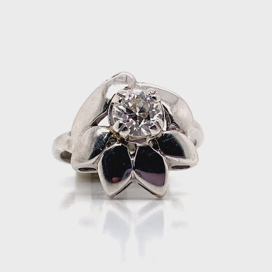 14K WHITE GOLD .65CT EUROPEAN CUT DIAMOND FLOWER RING SI2 H-I