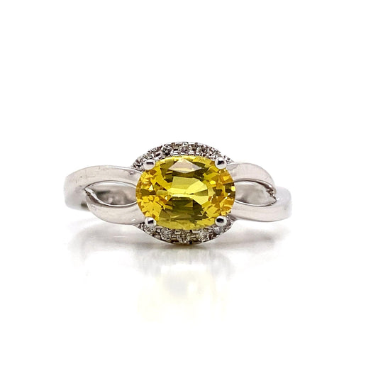 14K WHITE GOLD 1.60 CT YELLOW SAPPHIRE CENTER 0.08 TW NATURAL DIAMOND ACCENT RING