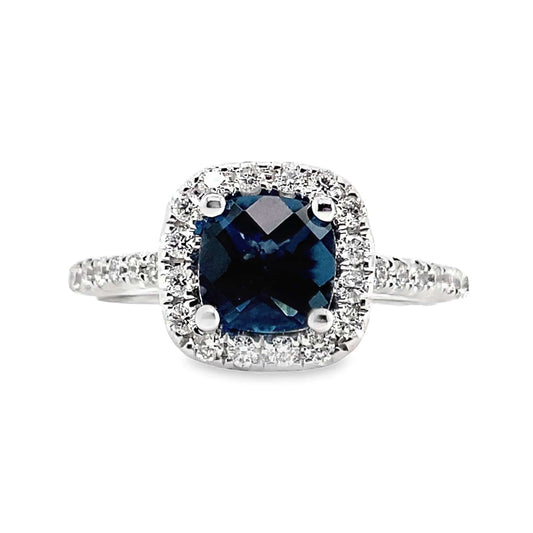 14K WHITE GOLD 1.30 CT LONDON BLUE TOPAZ CENTER 0.396 TW NATURAL DIAMOND ACCENT RING