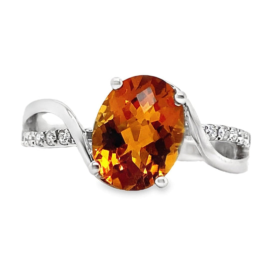 14K WHITE GOLD 1.95 CT CITRINE CENTER 0.108 TW NATURAL DIAMOND ACCENT RING