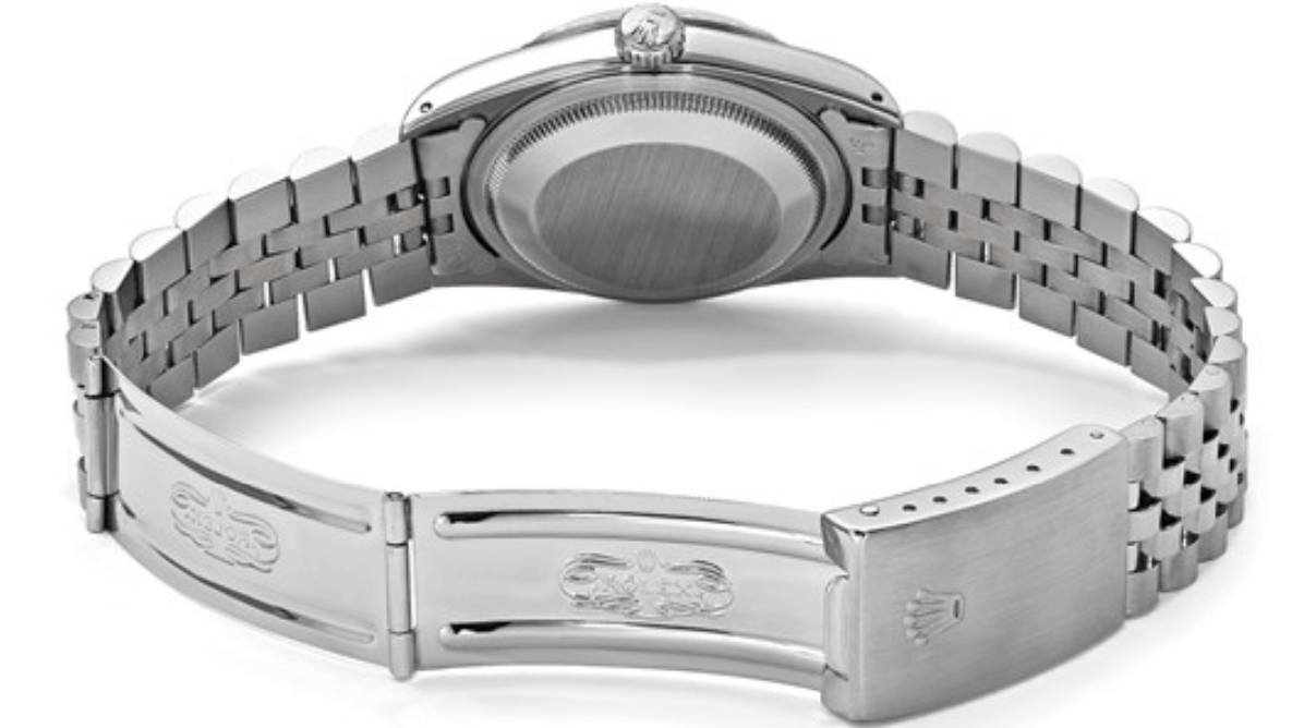 Rolex 36mm Jubilee Datejust stainless steel bracelet open clasp with engraved logos.