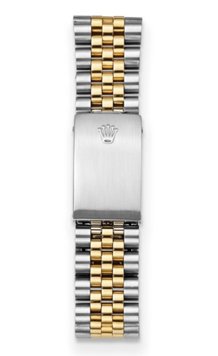 Rolex two-tone steel and yellow gold Jubilee bracelet with polished center links and brushed clasp embossed with Rolex crown .