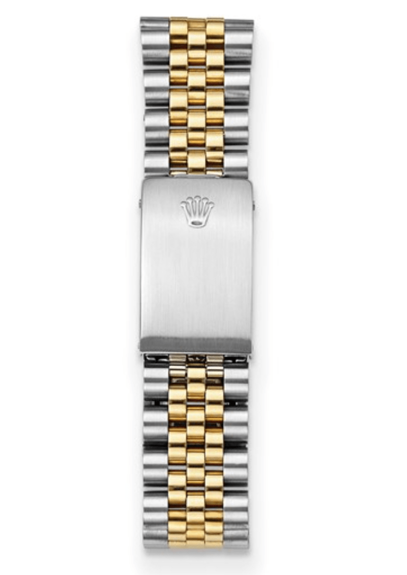 Rolex 36mm Datejust two-tone bracelet with gold and silver links, stainless steel clasp engraved with Rolex crown.