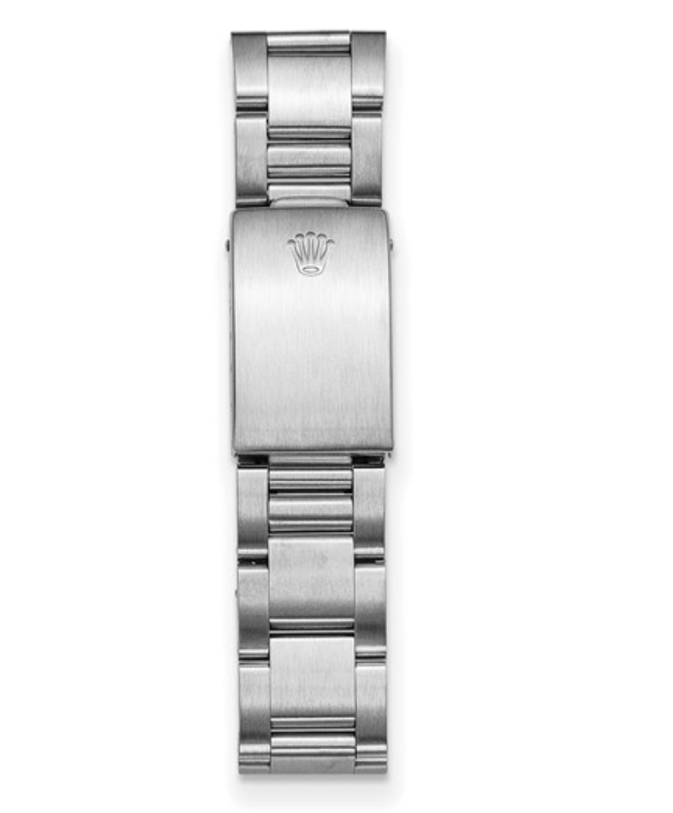 Silver stainless steel Rolex Oyster Perpetual Explorer II men's watch bracelet with clasp showing Rolex crown logo.