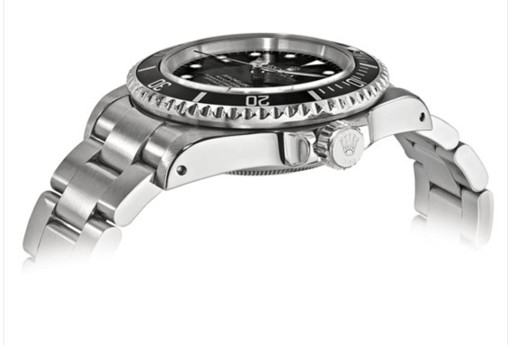 Rolex Sea-Dweller 40mm stainless steel watch with black dial and rotating bezel, side view.