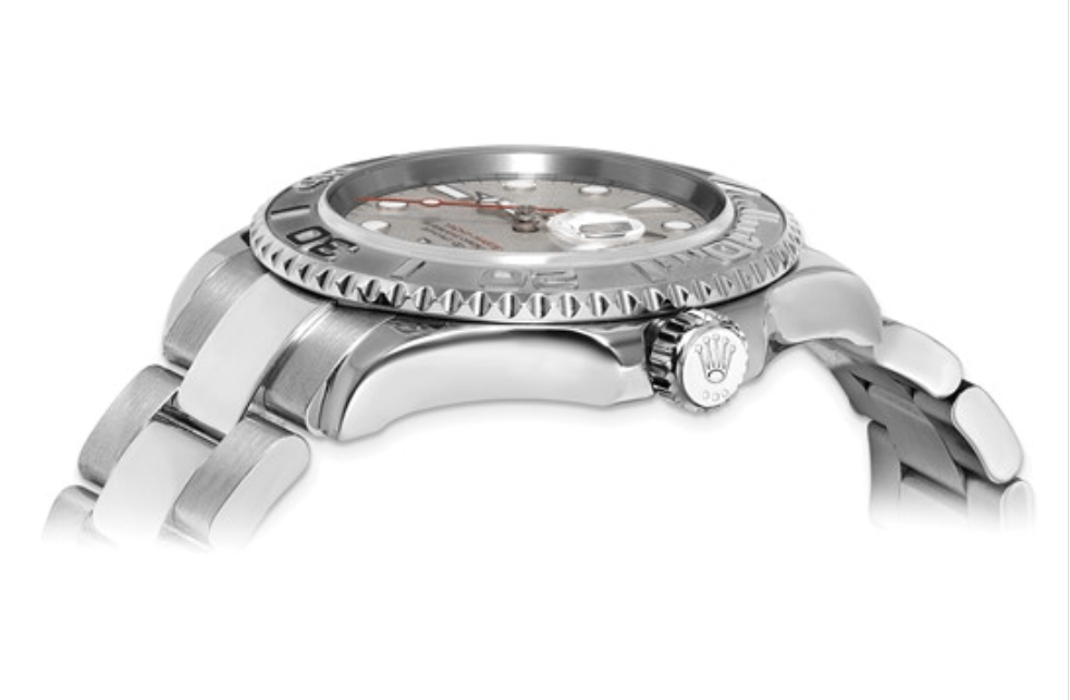Rolex Yacht-Master 40mm watch with silver dial, stainless steel case, and polished bracelet links.