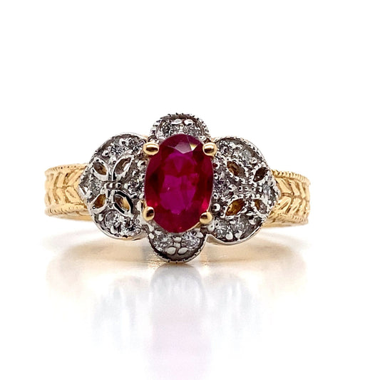14K TWO TONE RUBY RING 0.65 DIAMOND 0.12