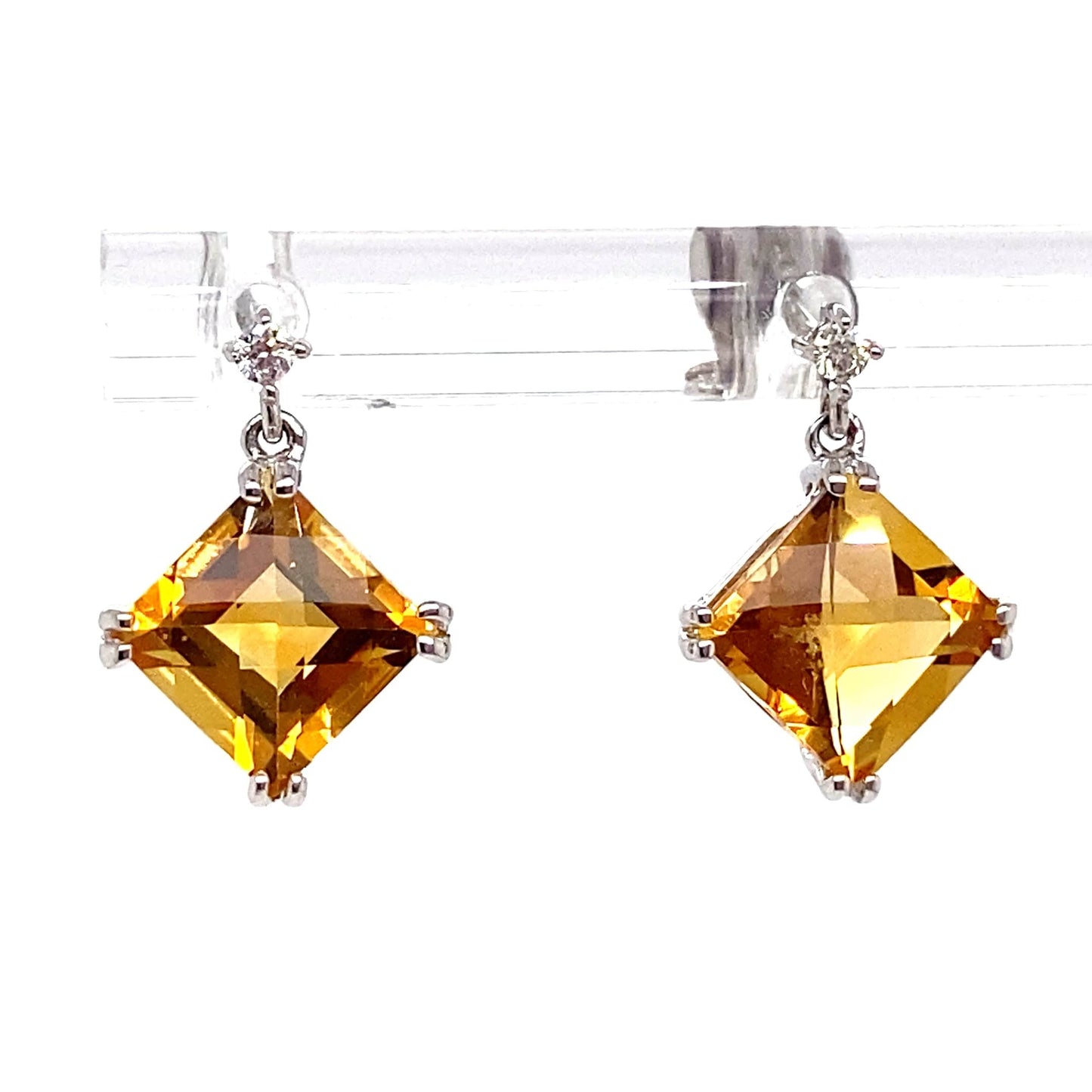 14K WHITE GOLD 2.00 CT TW CITRINE CENTER 0.036 CT TW NATURAL DIAMOND ACCENT EARRINGS