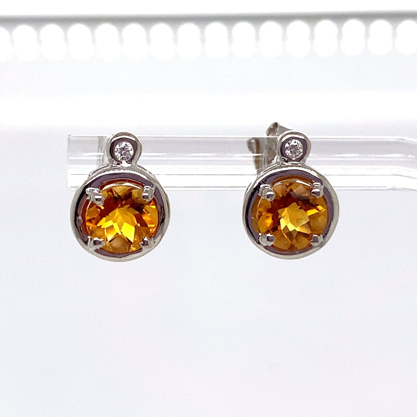 14K WHITE GOLD 1.76 CT TW CITRINE CENTER 0.036 CT TW NATURAL DIAMOND ACCENT EARRINGS