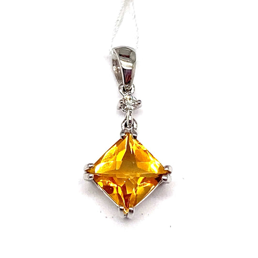 14K WHITE GOLD 1.00 CT CITRINE CENTER 0.018 CT NATURAL DIAMOND ACCENT PENDANT