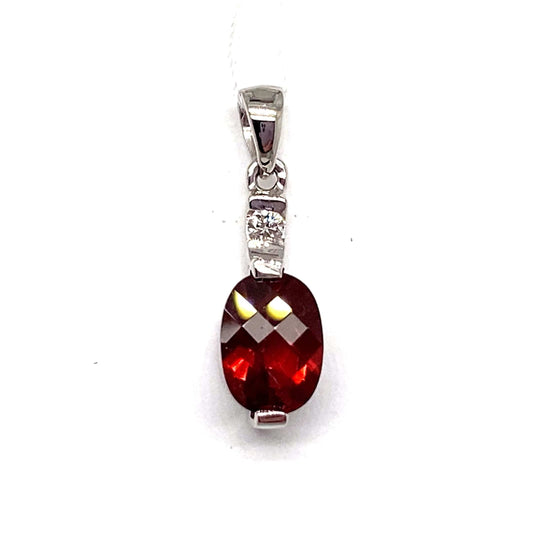 14K WHITE GOLD 1.00 CT GARNET CENTER 0.026 CT NATURAL DIAMOND ACCENT PENDANT