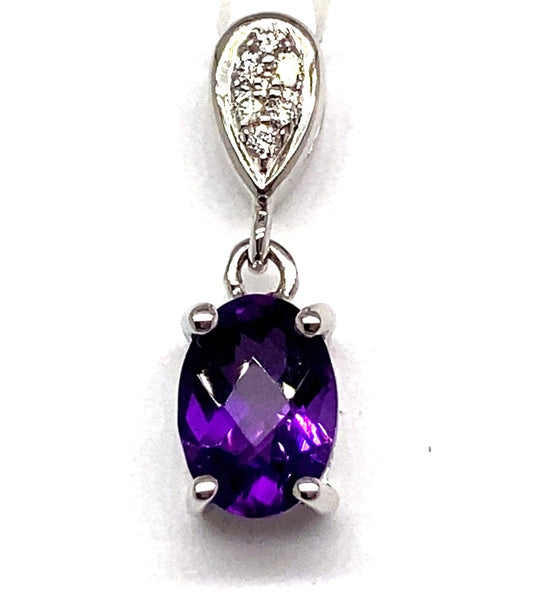 14K WHITE GOLD 0.85 CT AMETHYST CENTER 0.036 CT TW NATURAL DIAMOND ACCENT PENDANT