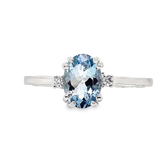 14K WHITE GOLD 0.70 CT AQUAMARINE CENTER 0.022 TW NATURAL DIAMOND ACCENT RING