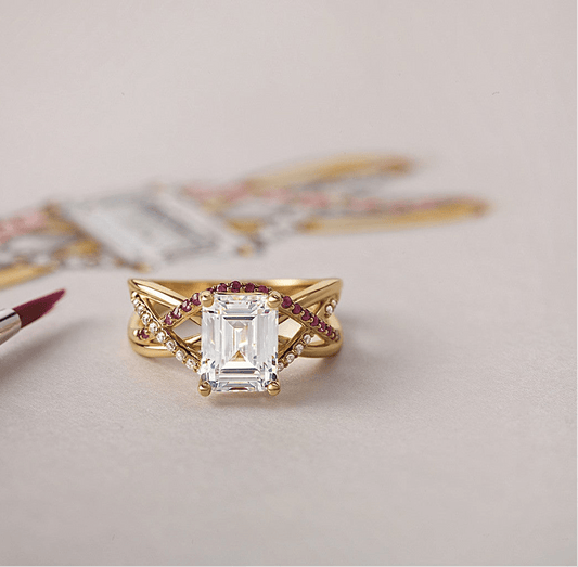 custom ring sitting on surface with cad drawing on desk