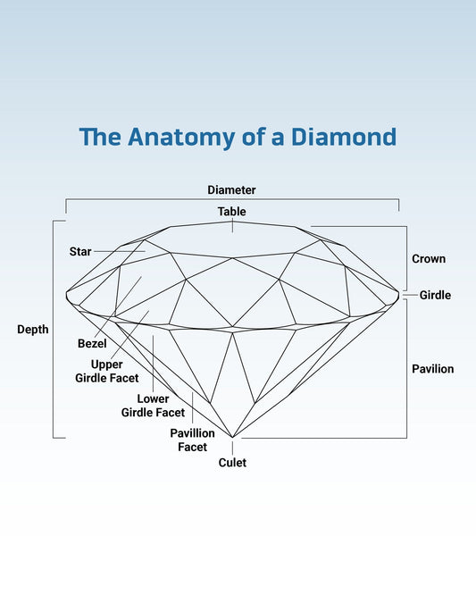 Diamond anatomy showing table crown girdle pavilion culet and facets