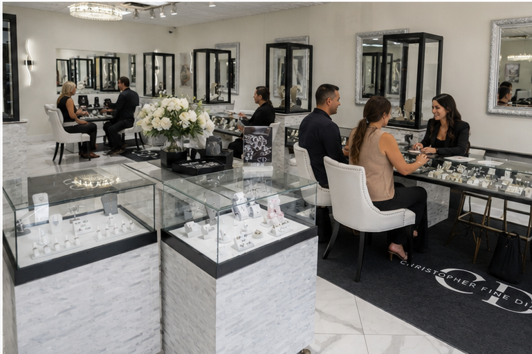 Showroom at Christopher Fine Diamonds with customers engaging with staff