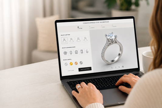 Woman designing an engagement ring online using the Christopher Fine Diamonds 3D Ring Designer